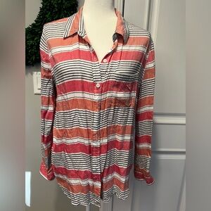 Beach Lunch Lounge Striped Button-Up Shirt in Red and Orange EUC